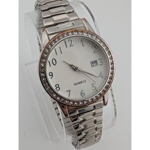 Accutime Watch Women 28mm Case Crystal Bezel Silver Stretch Band- New Battery‎